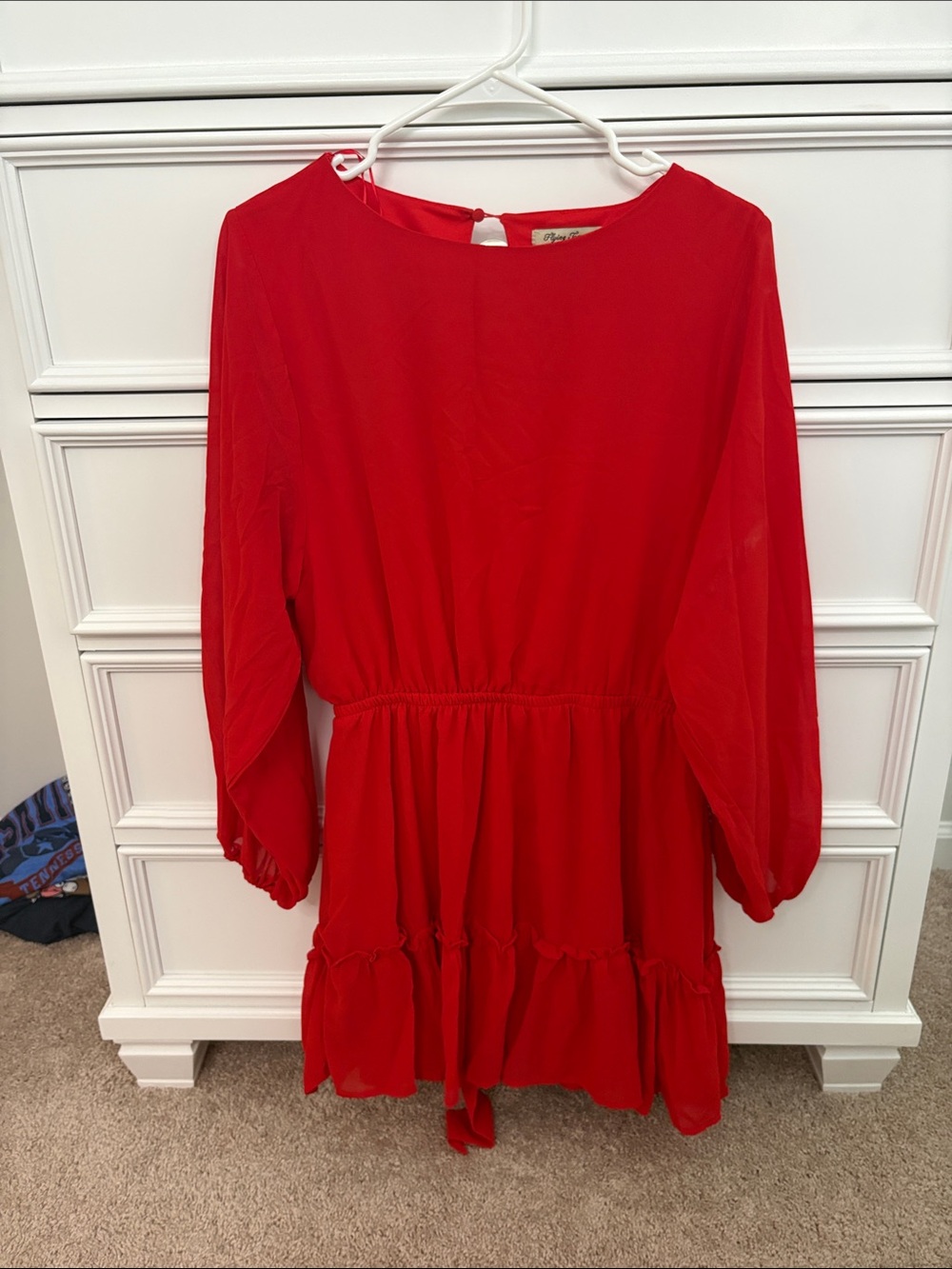Women’s Red Long-Sleeve Tiered Dress with Tie Belt